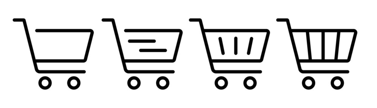 Shopping cart icon. Shopping trolley in outline. Web cart in line. Shop symbol in black. Trolley icon set. Stock vector illustration