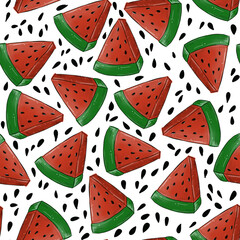 Seamless pattern with red watermelon slices and black seeds on white background