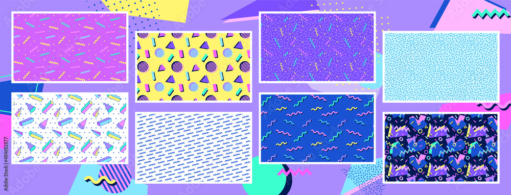 Poster simple geometric patterns set. 90s style backgrounds collection. nostalgia for the 90s.