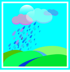 Obraz premium Sammer nature sky and rain on meadow and fields river flat style and blue green yellow 