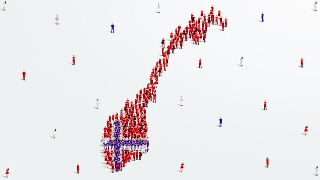 Norway Map and Flag. A large group of people in the Norway flag color form to create the map. 4K Animation Video.