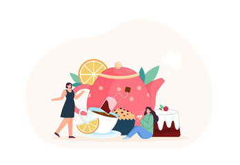 Poster of tiny women with huge teapot, cup and pastry. Girls drinking tea together, huge slice of lemon flat vector illustration. Tea party, cafe, winter concept for banner or landing web page