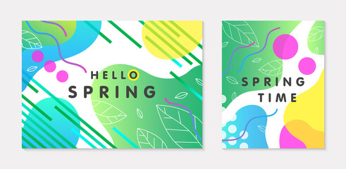 Set of spring banners with green gradient backgrounds;linear leaves;bright fluid shapes and geometric elements in memphis style.Abstract layouts for prints;flyers,invitations;covers,social media.