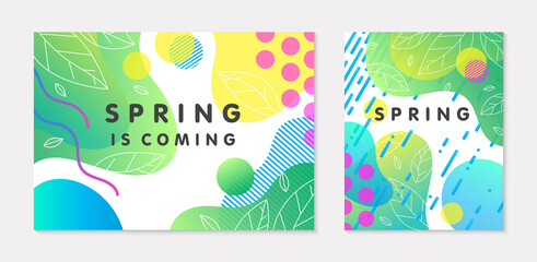 Set of spring banners with green gradient backgrounds;linear leaves;bright fluid shapes and geometric elements in memphis style.Abstract layouts for prints;flyers,invitations;covers,social media.