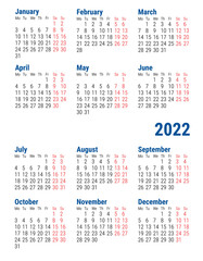 Simple Calendar 2022. Week starts on Monday.