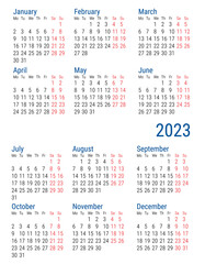 Simple Calendar 2023. Week starts on Monday.