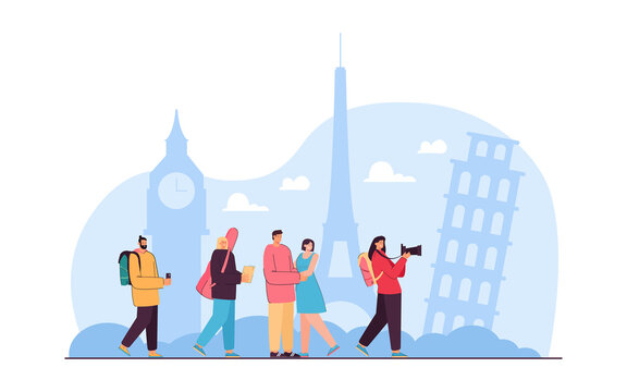 Group of happy people on tour around Europe. Photographers taking photos of famous sights in cities with cameras or phones flat vector illustration. Traveling, vacation, tourism concept for banner