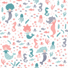 Funny little Mermaid with sea horse and shell. Seamless pattern for textile