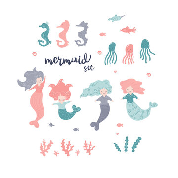 Cute Mermaid with sea horse and shell. Set of sea vector stickers.