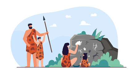 Family of cavemen next to rock with prehistoric drawings. Woman and kid drawing with hands flat vector illustration. History, ancient age concept for banner, website design or landing web page