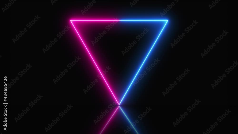 Poster video animation of a glowing neon triangle in different colors on a reflective floor - rainbow color