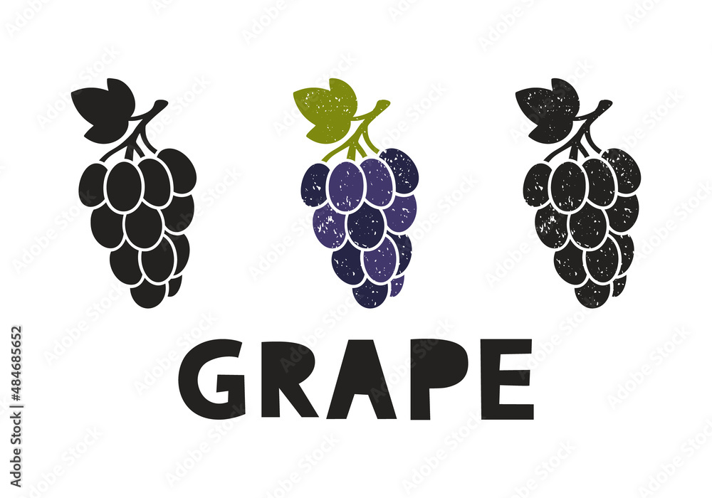 Aufkleber grape, silhouette icons set with lettering. imitation of stamp, print with scuffs. simple black shap