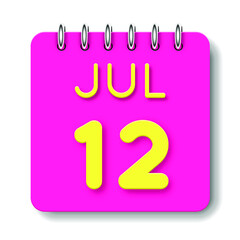 12 day of the month. July. Cute calendar daily icon. Date day week Sunday, Monday, Tuesday, Wednesday, Thursday, Friday, Saturday. Neon yellow. Pink Paper. White background.