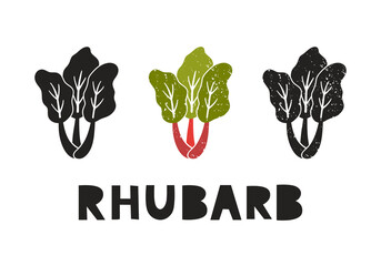 Rhubarb, silhouette icons set with lettering. Imitation of stamp, print with scuffs. Simple black shape and color vector illustration. Hand drawn isolated elements on white background - 484685653