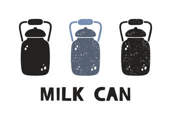 Milk can, silhouette icons set with lettering. Imitation of stamp, print with scuffs. Simple black shape and color vector illustration. Hand drawn isolated elements on white background