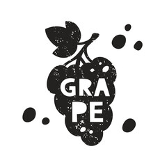 Grape grunge sticker. Black texture silhouette with lettering inside. Imitation of stamp, print with scuffs. Hand drawn isolated illustration on white background