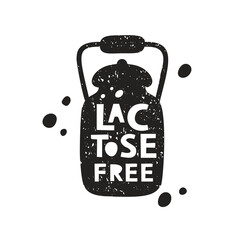 Lactose free, grunge sticker. Black texture silhouette of milk can with lettering inside. Imitation of stamp, print with scuffs. Hand drawn isolated illustration on white background