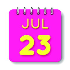 23 day of the month. July. Cute calendar daily icon. Date day week Sunday, Monday, Tuesday, Wednesday, Thursday, Friday, Saturday. Neon yellow. Pink Paper. White background.