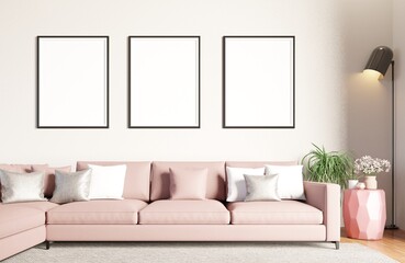 minimalist style interior background. scandinavian style living room. with pink sofa mockup poster frame.3d rendering 3d illustration