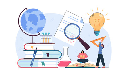 Tiny cartoon teacher teaching different disciplines at school. Huge books and globe, student studying culture, geography, language, chemistry flat vector illustration. Education concept for banner