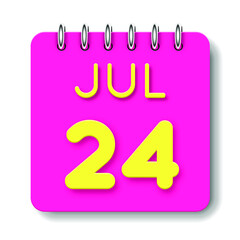 24 day of the month. July. Cute calendar daily icon. Date day week Sunday, Monday, Tuesday, Wednesday, Thursday, Friday, Saturday. Neon yellow. Pink Paper. White background.