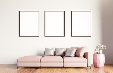 mockup poster frame interior background in minimalist style.3d rendering 3d illustration