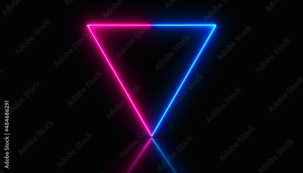 Poster illustration of a glowing nevideo animation of a glowing neon triangle in different colors on a refl