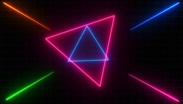 Illustration of glowing neon triangles and lines in rainbow colors