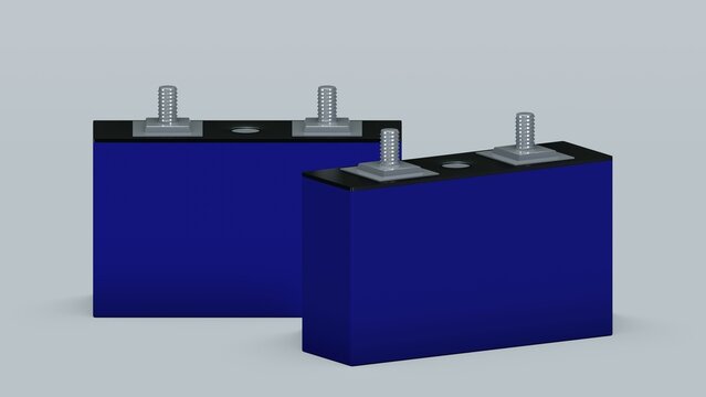 Two Isolated Lithium Iron Phosphate LiFePO4 (LFP) Cells For An Electric Vehicle Battery. Empty Space On The Cell Body For Your Text. Blank For Designers. 3D Render.