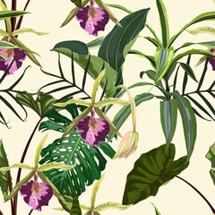 Fototapety  Tropical orchid flowers and exotic leaves on vintage background. Seamless pattern. Jungle foliage illustration. Exotic plants. Summer beach floral design. Paradise nature.