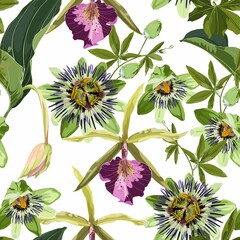 Tropical orchid, passiflora flowers and exotic leaves on vintage background. Seamless pattern. Jungle foliage illustration. Exotic plants. Summer beach floral design. Paradise nature.