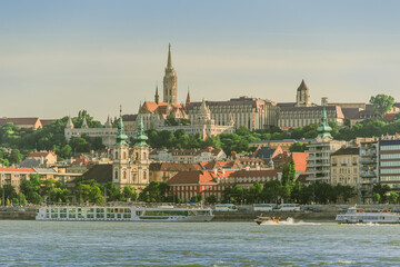 Budapest cityscape with landmarks on the hill on the Danube shore. - 484687444