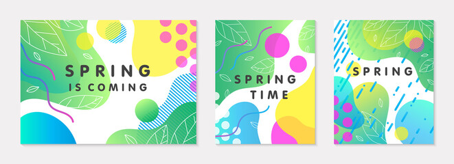 Fototapeta na wymiar Set of spring banners with green gradient backgrounds;linear leaves;bright fluid shapes and geometric elements in memphis style.Abstract layouts for prints;flyers,invitations;covers,social media.