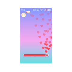 Mockup of mobile app with like slider live streaming. Interface photo frame design social media application network post template with flying multicolored hearts. Vector illustration for video chat.