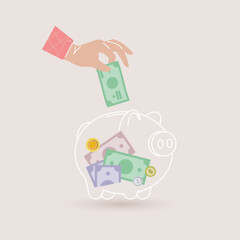 Hand putting banknote to piggy bank. Concept of money savings. Vector illustration in a flat style
