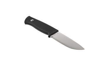 Modern hunting knife with silver blade and rubber handle. Steel arms. Isolate on a white back
