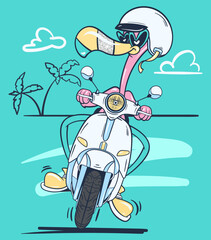 Cute flamingo with helmet riding a motorcycle