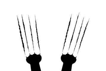 Cat scratch silhouette. Claws scratching wild animal lion tiger bear. Two paw print leg foot. Dog claws isolated on white background. Cute cartoon animal paw in flat style. Vector card illustration.