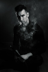 male brutal black and white portrait in smoke