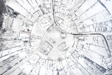 Charlottenburg - beautiful unique circular village in Romania seen from above on winter time