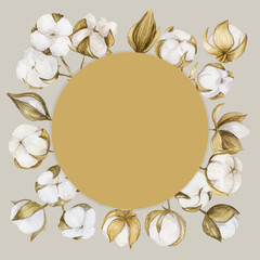 Round background with watercolor cotton flowers.