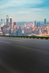 Freeway skyline and financial district modern buildings