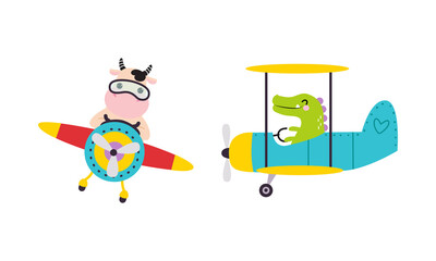 Cute Cow and Crocodile Animal Flying on Airplane with Propeller Vector Set