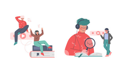 Podcast or Spoken Episodic Serie Listening with Man and Woman Character with Headphones Using Mobile Gadget Vector Illustration Set