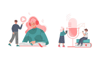 Podcast or Spoken Episodic Serie Listening with Man and Woman Character Near Huge Microphone and Book Vector Illustration Set