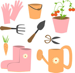 Pink and orange set of gardening tools and plants