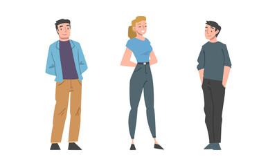 Obraz premium Positive Man and Woman Character Standing with Smiling Face Feeling Euphoric and in High Spirits Vector Set