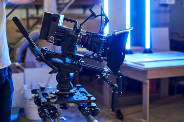 professional video camera for shooting video on a rail system. slider camcorder