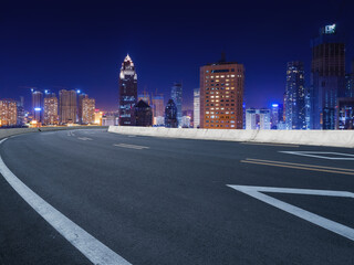 Freeway skyline and financial district modern buildings