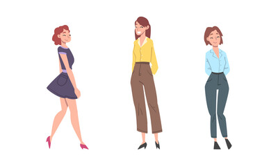 Fototapeta premium Positive Woman Character Standing with Smiling Face Feeling Euphoric and in High Spirits Vector Set